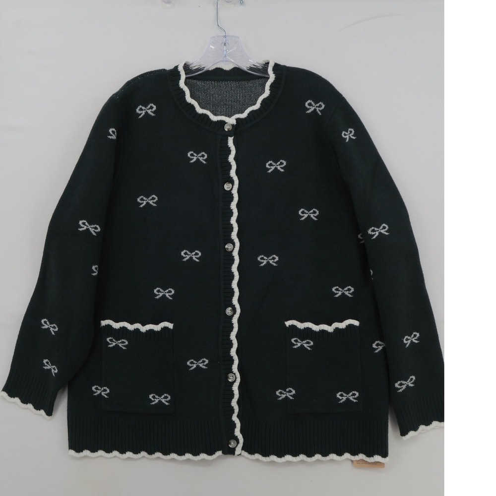 Bloomchic Bow Print Scalloped Trim Cardigan Sweater Green White US 14-16